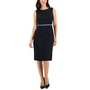 Kasper Petite Contrast Waist Framed Sleeveless Sheath Dress Black
